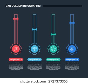 Diagrama de proceso de infografía de columna de barra con engranaje en la parte inferior de la insignia con barra porcentual de pie Progreso con fondo oscuro Estilo de contorno brillante Vector de 4 puntos