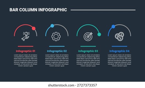 Diagrama de proceso de infografía de columna de barra con medio círculo cortado con insignia Pequeña Mostrar progreso porcentual con fondo oscuro Estilo de contorno brillante Vector de 4 puntos