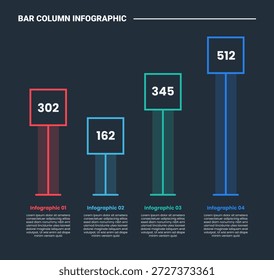 Diagrama de proceso de infografía de columna de barra con cuadro cuadrado con línea alta y cuadro transparente con número de punto de puntuación con fondo oscuro Estilo de contorno brillante Vector de 4 puntos