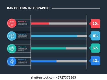 bar column infographic process diagram with creative stacked progress percentage bar on vertical direction with left description with dark background bright outline style 4 points vector