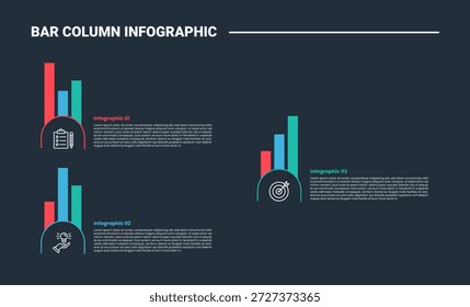 Diagrama de proceso de infografía de columna de barra con gráfico simple con posición de propagación de corte de medio círculo con fondo oscuro Estilo de contorno brillante Vector de 3 puntos