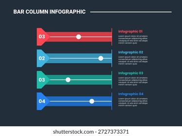 Diagrama de proceso de infografía de columna de barra con borde de triángulo simple en la línea Horizontal Barra de puntos en la lista de Verticales apiladas con fondo oscuro Estilo de contorno brillante Vector de 4 puntos