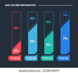 diagrama de processo infográfico de coluna de barra com barra vertical com corte de fatia mostra o progresso com fundo escuro brilhante contorno estilo 4 pontos vetor