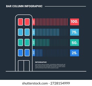 Diagrama de proceso de infografía de columna de barra con edificios grandes de pie con Pequeña línea Mostrar porcentaje con fondo oscuro Estilo de contorno brillante Vector de 4 puntos