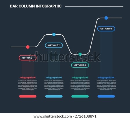 bar column infographic process diagram with up and down position with transparent block with dark background bright outline style 4 points vector