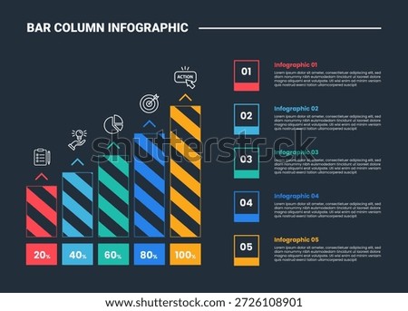bar column infographic process diagram with standing bar increase with shading style with dark background bright outline style 5 points vector