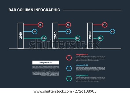 bar column infographic process diagram with horizontal column box with circle line pointer with dark background bright outline style 3 points vector
