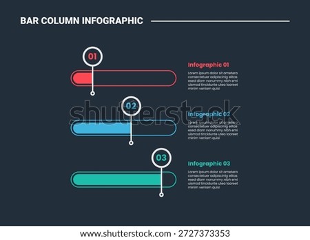 bar column infographic process diagram with round rectangle box stacked list with percentage progress fill bar with dark background bright outline style 3 points vector