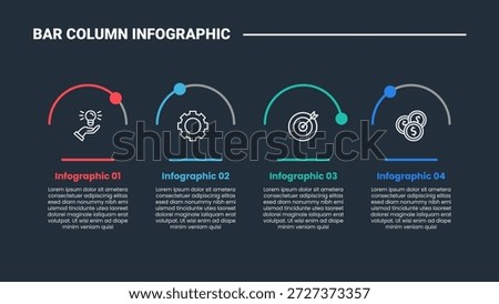 bar column infographic process diagram with half circle cut with small badge show percentage progress with dark background bright outline style 4 points vector
