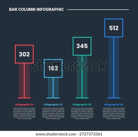 bar column infographic process diagram with square box with tall line and transparent box with score point number with dark background bright outline style 4 points vector