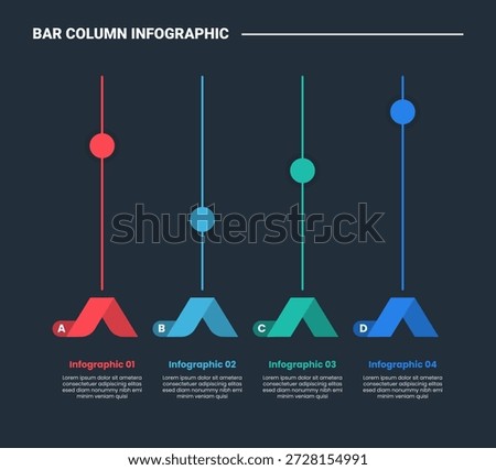 bar column infographic process diagram with creative ribbon on bottom with single line bar with dot circle with dark background bright outline style 4 points vector