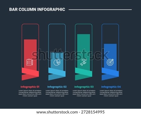 bar column infographic process diagram with round rectangle vertical direction with fill progress bar with dark background bright outline style 4 points vector
