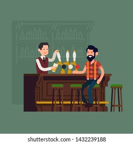 Bar concept illustration. Bartender serving customer at bar counter pouring beer from tap. Pub, tavern or restaurant interior scene with man about to enjoy a pint of beer