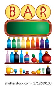 Bar counter with alcohol bottles. Drinking establishment. Alcoholic Drinks Bottles Large Vector Set