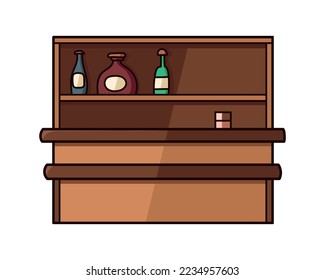 Bar counter with beverages and a glass doodle vector illustration. Isolated on white background
