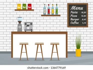 Bar counter in the cafe, pub, restaurant or cafeteria with menu board, coffee machine, and bar chairs. Coffee shop Interior with brick wall. Vector illustration.