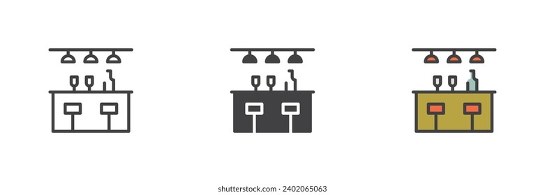 Un mostrador de barra con sillas y botellas de diferentes estilos. Línea, glifo y contorno relleno versión colorida, contorno y signo vectorial relleno. Símbolo, ilustración del logotipo. Gráficos vectoriales