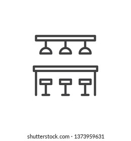 Bar counter with chairs and light line icon. linear style sign for mobile concept and web design. Cafeteria Counter Desk outline vector icon. Symbol, logo illustration. Pixel perfect vector graphics