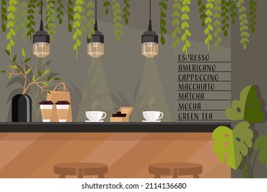 Bar counter with coffee and green plants. Cozy cafe. Vector illustration.