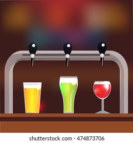 Bar counter with crane and three glasses of beer or cider. Vector illustration, background with place for your text