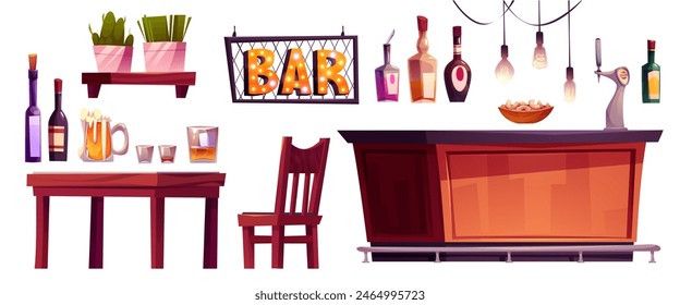 Bar counter, furniture and equipment. Cartoon vector set of pub interior objects - wooden table, chair and stand with beer dispenser, bottles and glasses with alcohol drinks, lamps and plants.