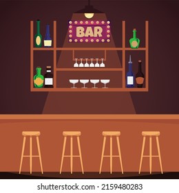 Bar counter with high chairs and showcase with alcoholic drinks, flat vector illustration. Pub or bar, night club establishment empty interior background design.