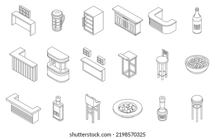 Bar counter icons set. Isometric set of bar counter vector icons outline thin lne isolated on white