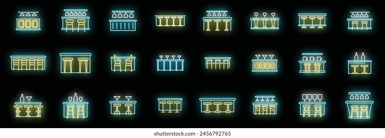 Bar counter icons set outline vector. Glass breakfast. Cafe chair neon color on black
