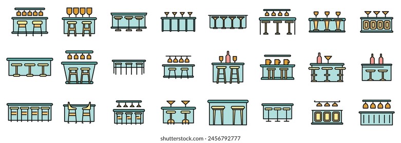 Bar counter icons set outline vector. Glass breakfast. Cafe chair thin line color flat on white