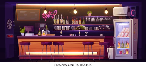 Bar counter interior - cartoon vector illustration of empty restaurant or night club element with cocktails and beer in glasses on wooden table, bottles with alcohol drinks on shelves and high stools.