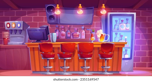 Bar counter interior - cartoon vector illustration of empty restaurant or night club rack with cocktails and beer in glasses on wooden rack, bottles with alcohol drinks on shelves and in fridge.