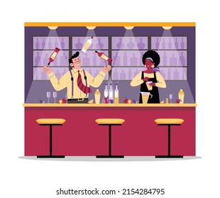 El mostrador interior del bar con sillas y estanterías para el alcohol de estilo plano, ilustración vectorial aislada de fondo blanco. Carácter de barman malabarismo botellas, mujer haciendo cóctel