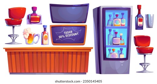 Bar counter interior furniture vector cartoon set. Pub table for craft alcohol in evening. Isolated nightclub png collection with bottle, glasses, fridge and tv. Special signboard for tavern party