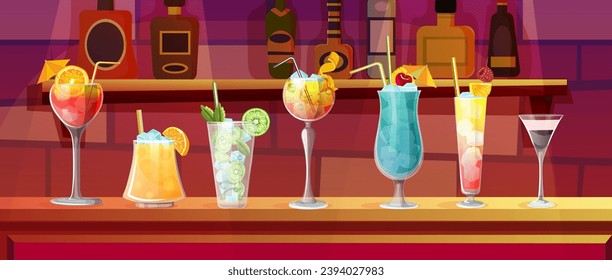 Bar-Inneneinrichtung mit verschiedenen Cocktails. Restaurant mit Alkoholbrille. Set von Aperol Sonnenaufgang, Schraubenzieher, Mojito, Tequila Sonnenaufgang, blau hawaiisch, Sex am Strand, b 52. Vektorgrafik