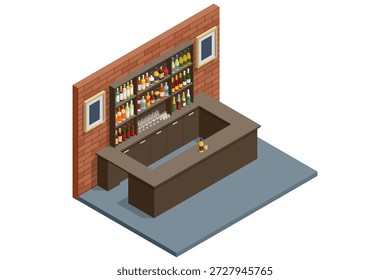Contador de barras. Interior de barra isométrica con mostrador, botellas y vasos. Concepto de vida nocturna y hospitalidad en estilo de Vector moderno aislado sobre fondo blanco.