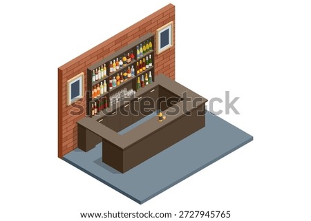Bar Counter. Isometric bar interior with counter, bottles and glasses. Nightlife and hospitality concept in modern vector style isolated on white background.