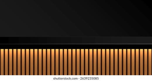 Bar counter limbo black background. Dark backdrop with dark wall and countertop of vertical golden light wooden planks. Luxury interior element for lounge, restaurant, nightclub. Vector illustration.