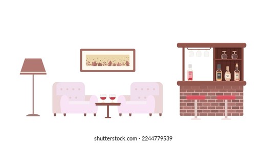 Bar con barra de caoba y dos sillones acogedores, aislados de fondo blanco. El concepto de restaurante interior. Caricatura de estilo plano. Ilustración del vector