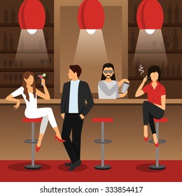 Bar counter with males and females sitting with cocktail drinks flat vector illustration