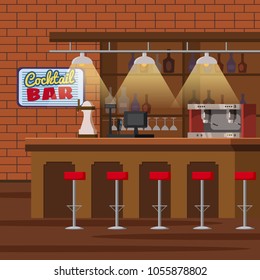 Bar counter. Pub beer tap pump, stools, shelves with alcohol bottles. Pub with beer glasses. Cartoon vector isolated illustration