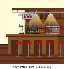 Bar counter. Pub beer tap pump, stools, shelves with alcohol bottles. Pub with beer glassesCartoon vector isolated illustration