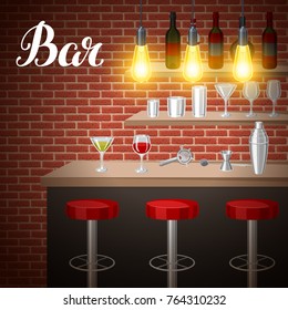 Bar counter in pub or night club. Illustration of interior with accessories, beverages and cocktails.