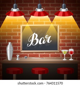 Bar counter in pub or night club. Illustration of interior with accessories, beverages and cocktails.