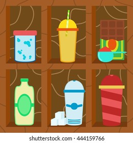 Bar counter, restaurant stand in flat style. Counter with shelves, drinks, alcohol, chocolate, sugar and other products.