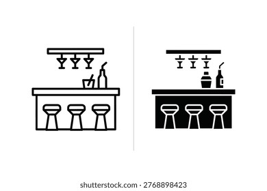 Bar Counter Scene with Stools, Drinks, and Bottles Icon