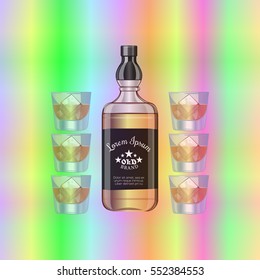 The bar counter. Shining rainbow. Bright light illumination. A bottle of liquor. Cognac five stars. glass with ice. Vector illustration .