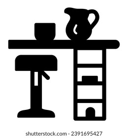 Bar counter with stool, cup and pot solid icon, interior design concept, bar table vector sign on white background, glyph style icon for mobile concept and web design. Vector graphics