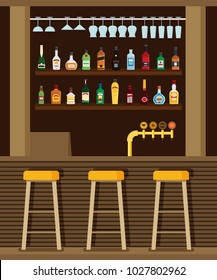 Bar counter with stools and alcohol drink on shelves flat vector illustration