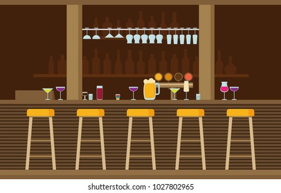 Bar counter with stools and alcohol drink on shelves flat vector illustration