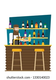 Bar counter with stools and alcohol drink on shelves flat vector illustration